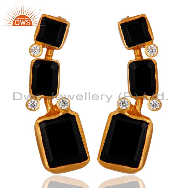 22K Yellow Gold Plated Brass Black Onyx And CZ Womens Fashion Dangle Earrings