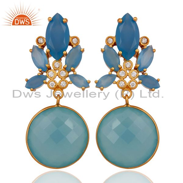 Faceted Dyed Aqua Blue Chalcedony Gemstone & CZ Gold Plated Designer Earrings