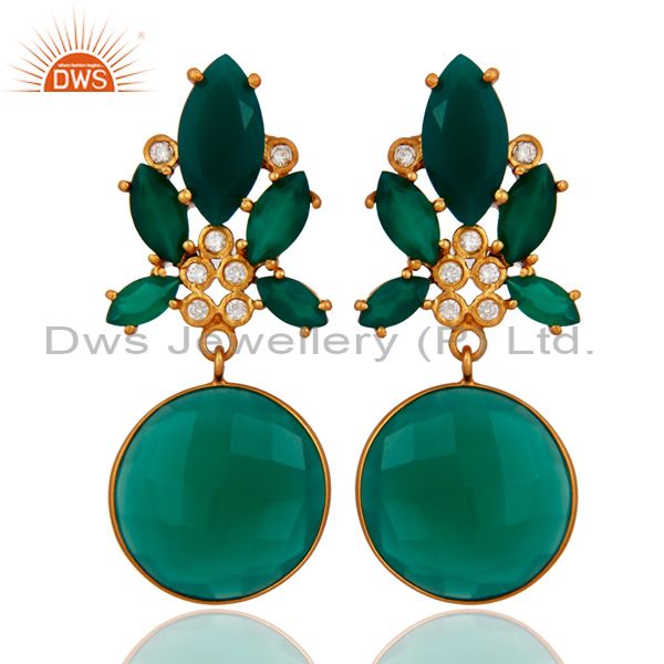 Bezel-Set Faceted Green Onyx And CZ Dangle Earrings In 18K Gold Over Brass