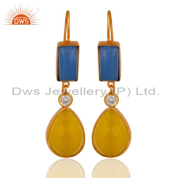22K Yellow Gold Plated Blue Chalcedony And Moonstone Dangle Earrings With CZ