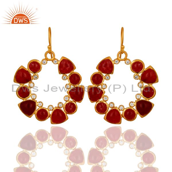 Handmade Red Aventurine And Cubic Zirconia Gold Plated Designer Earrings
