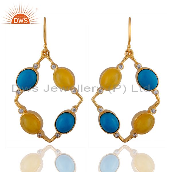 22K Yellow Gold Plated Brass Yellow Moonstone And Turquoise Dangle Earrings