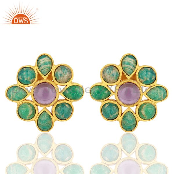 Amazonite Gemstone Gold Plated Brass Fashion Earrings Jewelry Supplier