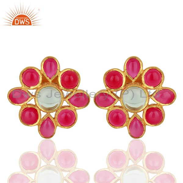 Pink Chalcedony Gemstone Gold Plated Stud Earrings Designer Jewelry