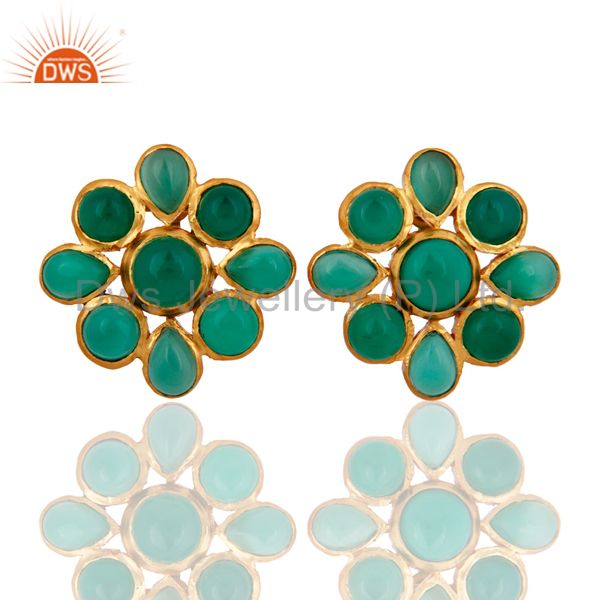 22K Yellow Gold Plated Brass Green Onyx Gemstone Womens Flower Stud Earrings