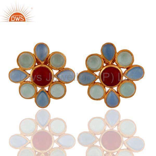 18K Yellow Gold Plated Sterling Silver Chalcedony And Coral Womens Stud Earrings