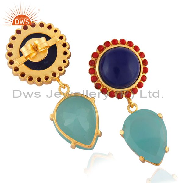 22K Yellow Gold Plated Red Coral And Lapis Lazuli And Chalcedony Drop Earrings