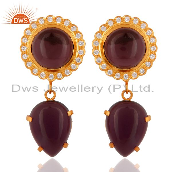 18K Yellow Gold Plated Hydro Amethyst Gemstone Dangle Earrings With CZ