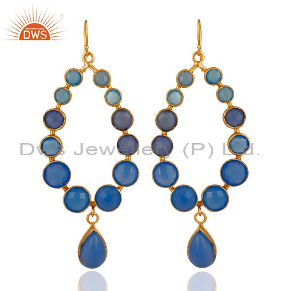 Dyed Blue Chalcedony Gemstone Handmade Dangle Earrings With 18K Gold Plated