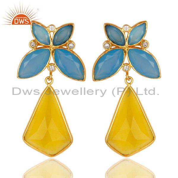 14K Gold Plated Dyed Chalcedony Yellow Moonstone & CZ Dangle Brass Earrings