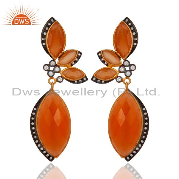 Peach Moonstone And Cubic Zirconia Fashion Earrings In 18K Gold Plated