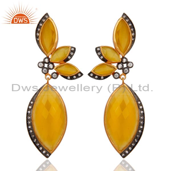 22K Yellow Gold Plated Yellow Moonstone And CZ Designer Fashion Dangle Earrings