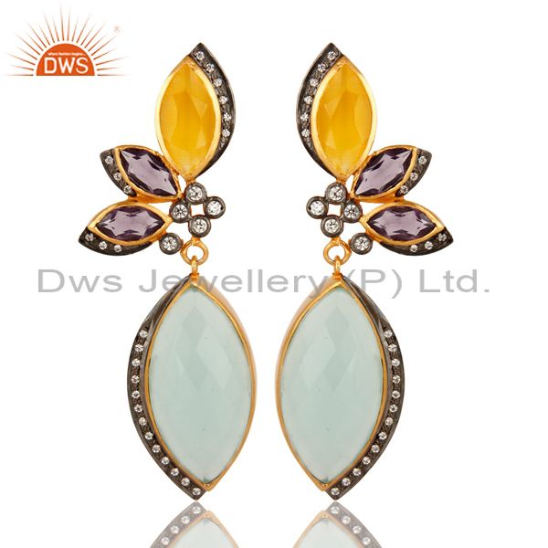 Dyed Aqua Blue Chalcedony & Amethyst 18K Gold Plated Dangle Earrings With CZ