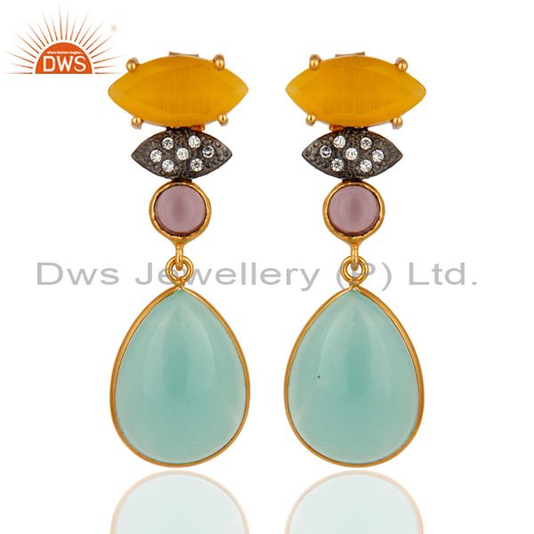 22K Gold Plated Blue Chalcedony And Hydro Amethyst Dangle Earrings With CZ