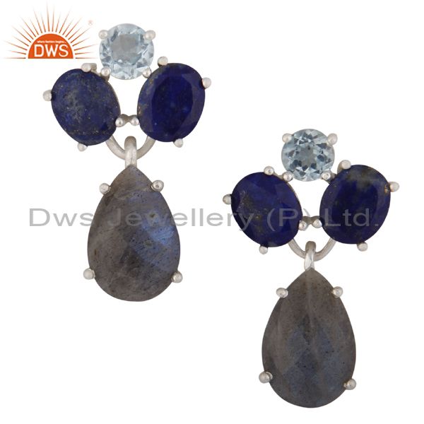 Lapis Lazuli, Blue Topaz And Labradorite Cluster Dangle Earrings In 925 Silver
