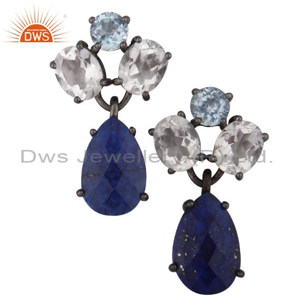 Blue Topaz, Crystal Quartz And Lapis Lazuli Drop Earrings In Oxidized 925 Silver