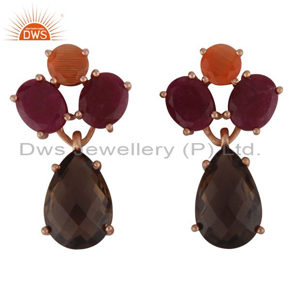 18K Rose Gold Plated Sterling Silver Ruby And Smoky Quartz Cluster Drop Earrings
