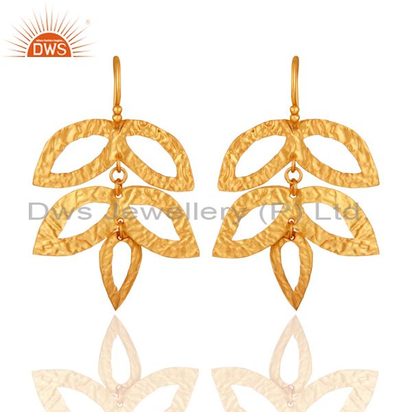 14K Yellow Gold Plated 925 Sterling Silver Handmade Leaf Design Earrings Jewelry