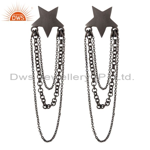 Black Rhodium Plated Sterling Silver Star Multi Chain Chandelier Earrings