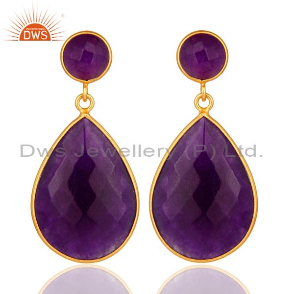 18K Gold Plated Faceted Purple Chalcedony Sterling Silver Bezel-Set Earrings