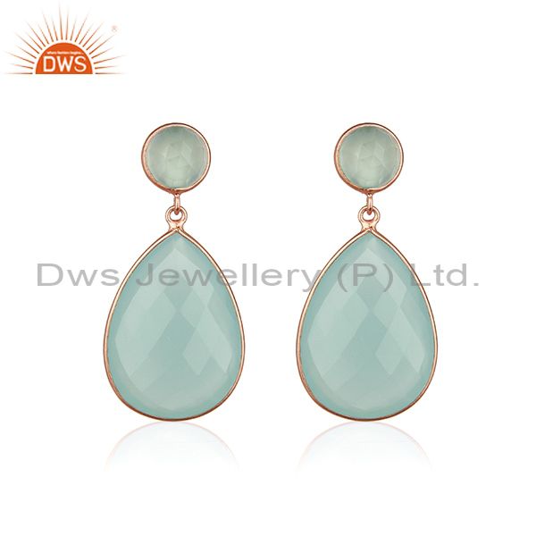 Aqua Chalcedony Gemstone 925 Silver Rose Gold Plated Drop Earring Manufacturers