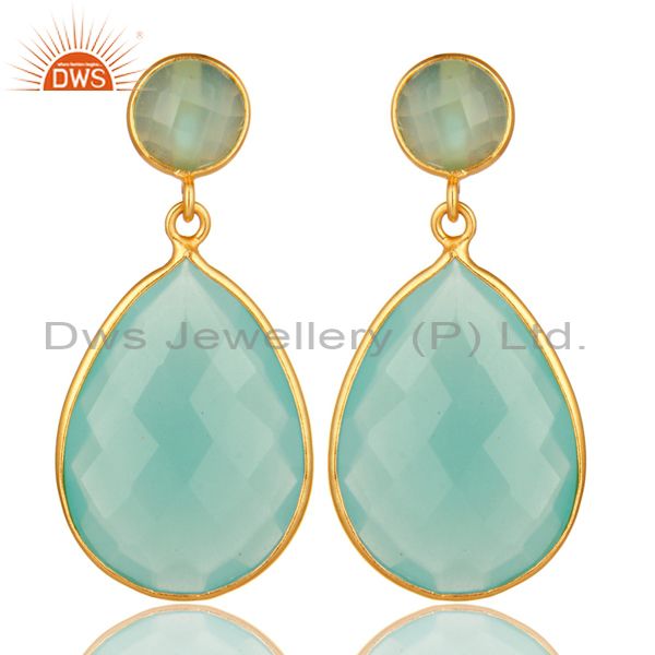 Dyed Aqua Blue Chalcedony Gemstone Bezel Set Drop Earring Gold Plated Silver