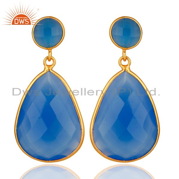 Gold Plated Sterling Silver Faceted Blue Chalcedony Gemstone Bezel Set Earrings