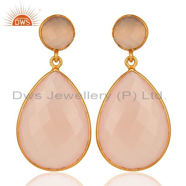 Gold Plated Rose Chalcedony Gemstone Bezel-Set Drop Earrings
