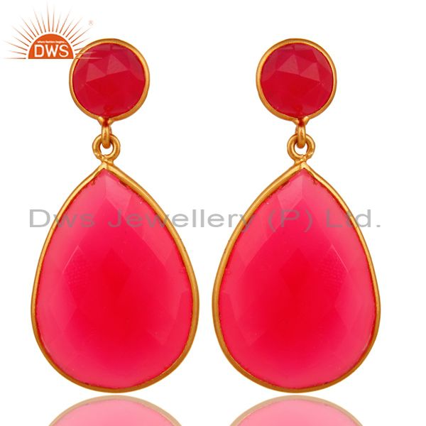 Pink Chalcedony Gemstone Double Drop Earrings In 18K Gold On Sterling Silver