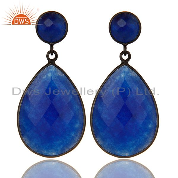 Oxidized Sterling Silver Faceted Blue Aventurine Bezel Set Double Drop Earrings