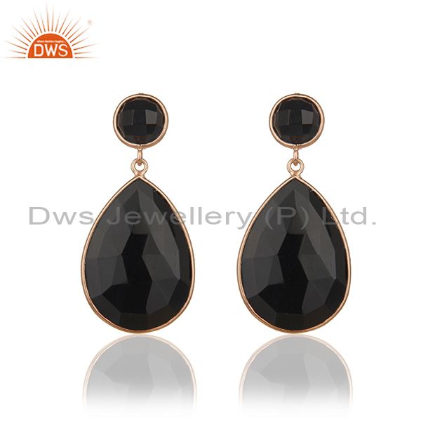 Rose Gold Plated 925 Silver Black Onyx Gemstone Drop Earrings Manufacturer