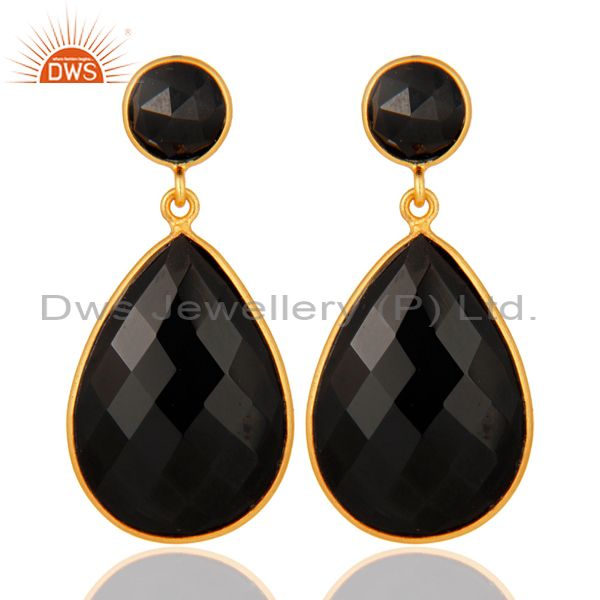 925 silver bezel-set black onyx drop earrings - gold plated