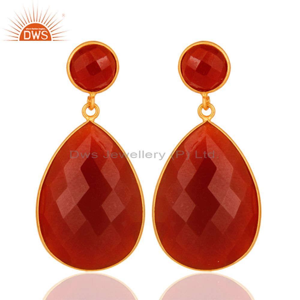 925 Sterling Silver Faceted Red Onyx Gemstone Drop Earrings - Gold Plated