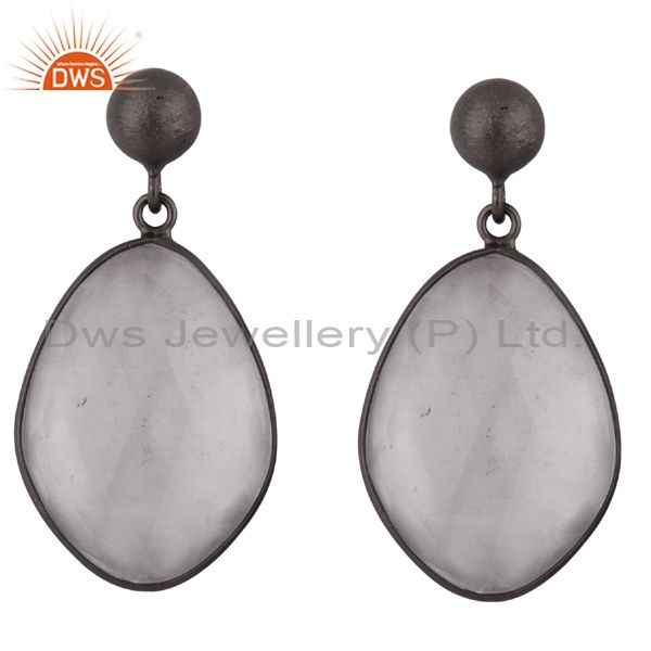 Handmade Sterling Silver With Oxidized Crystal Quartz Bezel Set Dangle Earrings