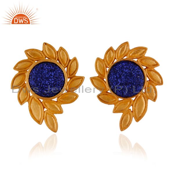 22K Yellow Gold Plated Brass Blue Druzy Agate Designer Stud Earrings For Women