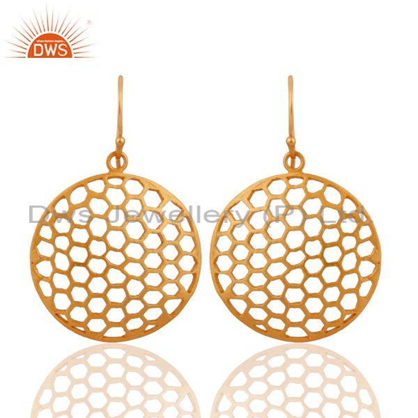 18K Yellow Gold Plated Sterling Silver Filigree Disc Design Womens Hook Earrings