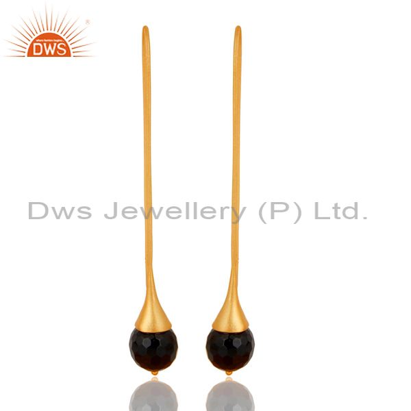 18K Yellow Gold Plated 925 Sterling Silver Black Onyx Gemstone Dangle Earrings