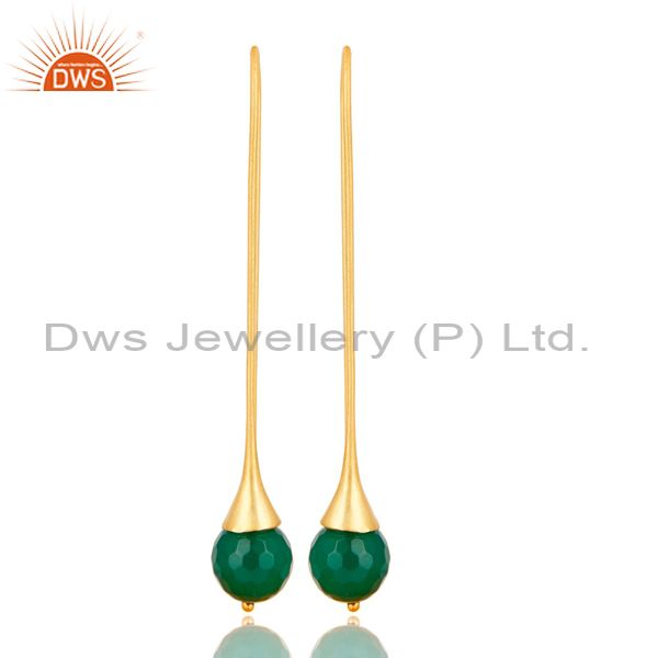 18K Yellow Gold Plated 925 Sterling Silver Faceted Green Onyx Dangle Earrings