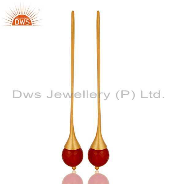 22K Gold Plated 925 Sterling Silver Red Onyx Faceted Dangle Earrings