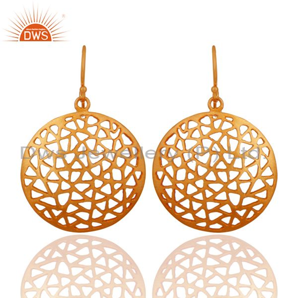 22K Yellow Gold Plated Sterling Silver Filigree Disc Design Dangle Earrings