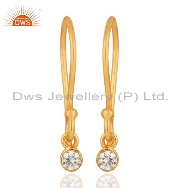 18K Solid Yellow Gold Natural White Diamond Round Cut Dangle Earrings