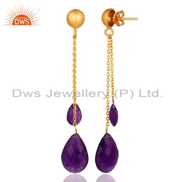 18K Yellow Gold Plated Silver Purple Chalcedony Chain Drop Dangle Earrings