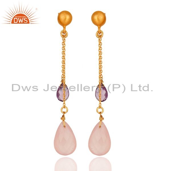 18K Gold Plated Sterling Silver Amethyst & Rose Chalcedony Chain Dangle Earrings