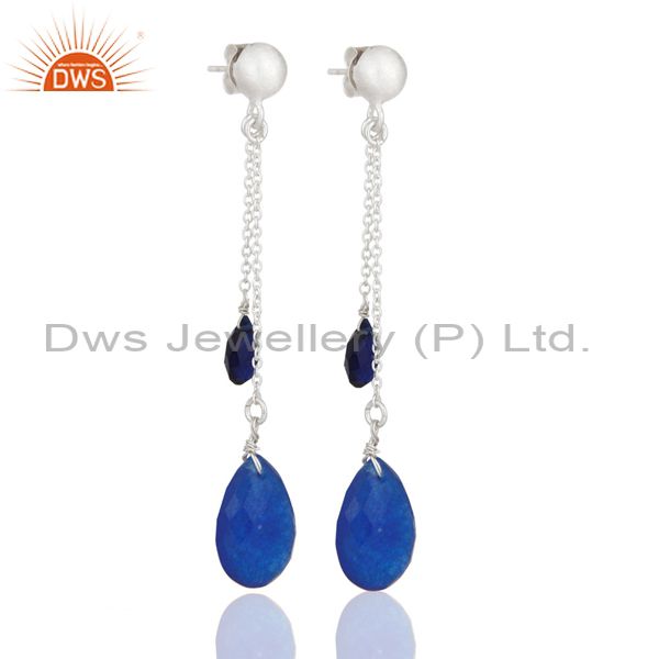 Dyed Sapphire Blue Corundum Solid Sterling Silver Drop Dangle Earrings