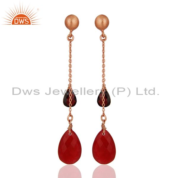 18K Rose Gold Plated Silver Garnet And Red Aventurine Chain Dangle Earrings