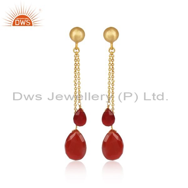18K Yellow Gold Plated Sterling Silver Red Onyx Briolette Chain Dangle Earrings