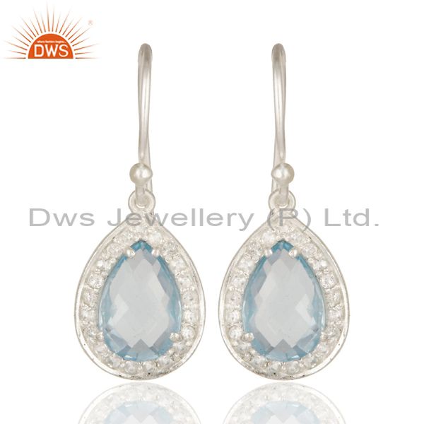 925 Sterling Silver Blue Topaz And White Topaz Gemstone Drop Earrings