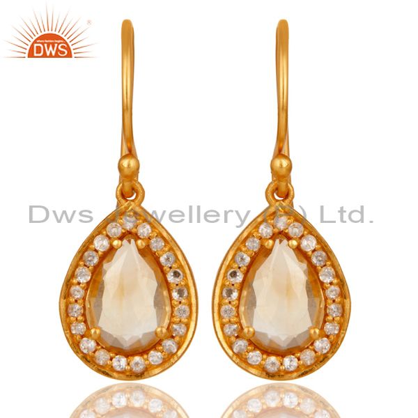 Citrine And White Topaz Teardrop Earrings Made In 18K Gold Over 925 Silver
