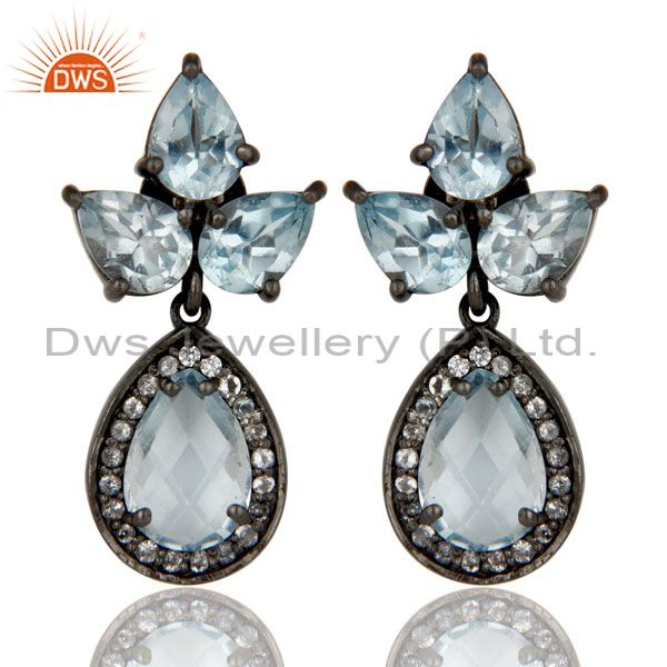Oxidized Sterling Silver Blue Topaz And White Topaz Designer Dangle Earrings