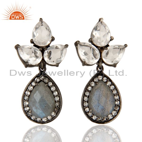 Labradorite And Crystal Quartz Gemstone Rhodium Plated Sterling Silver Earrings